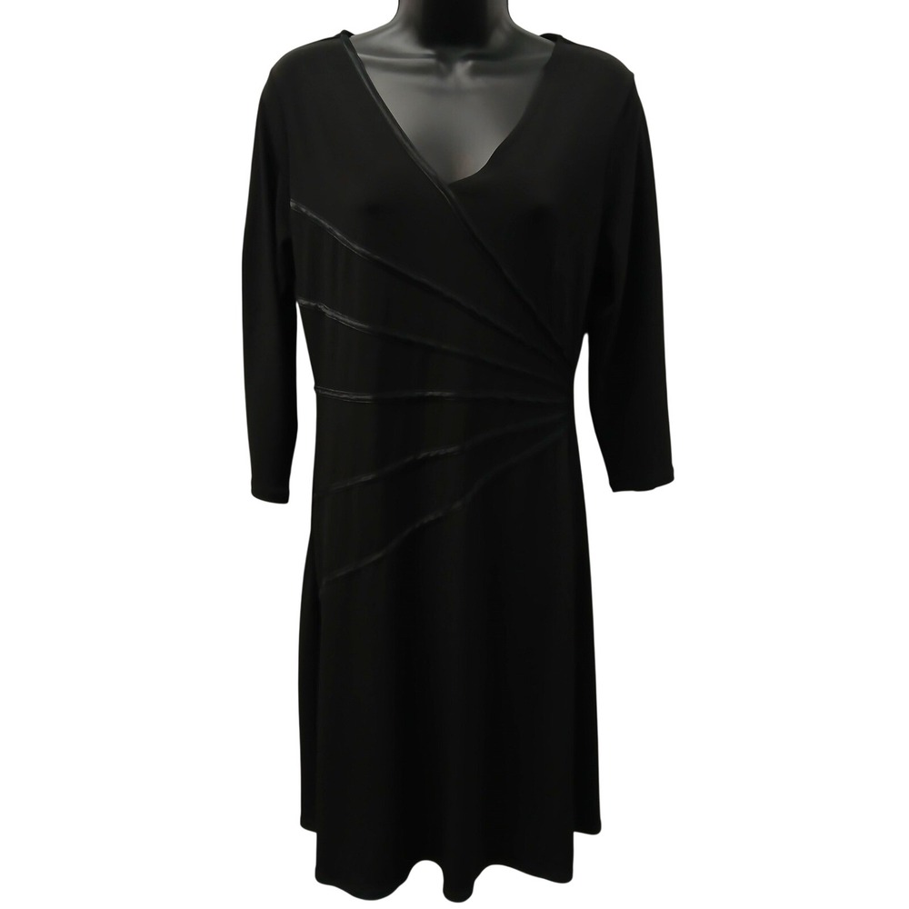 East 5th Petite Black V-Neck Faux Wrap Dress 3/4 Sleeve Satin Trim PM